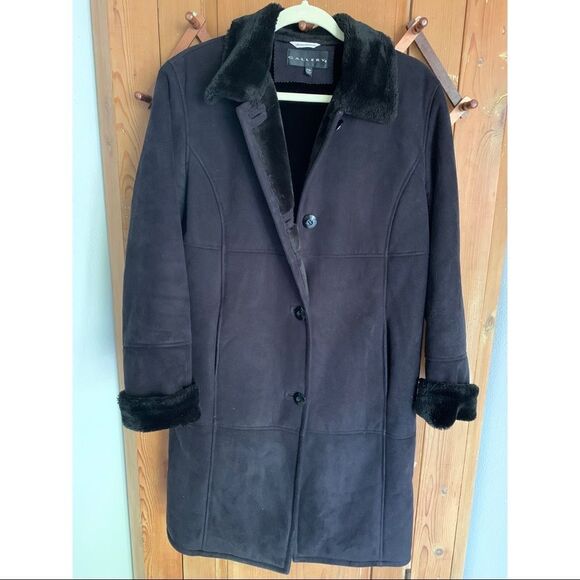 Gallery soft faux suede fur trim long overcoat - Picture 1 of 8
